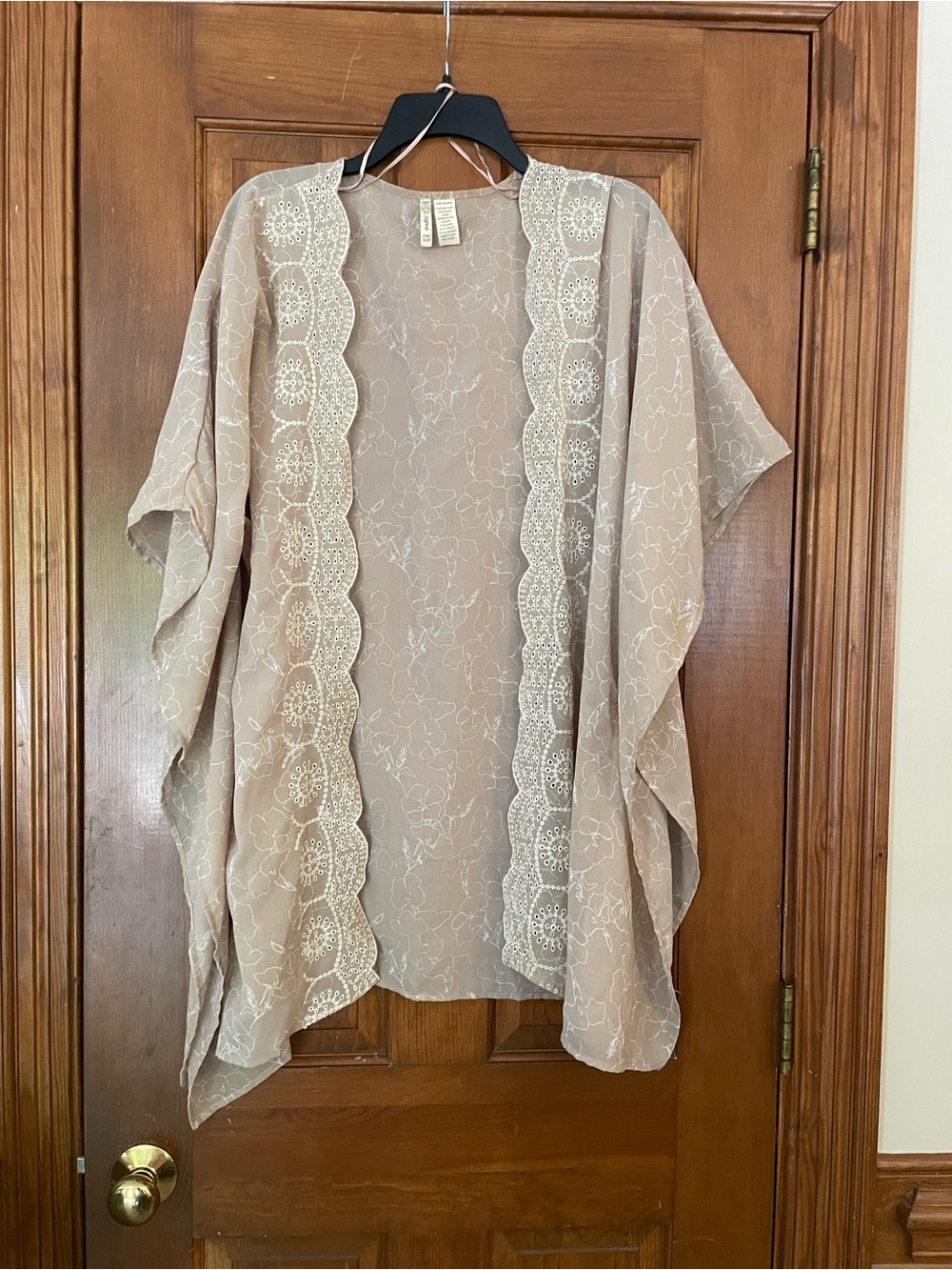 Japna Taupe Boho Kimono Cardigan with White Outline Print and‎ Sleeveholes, OS